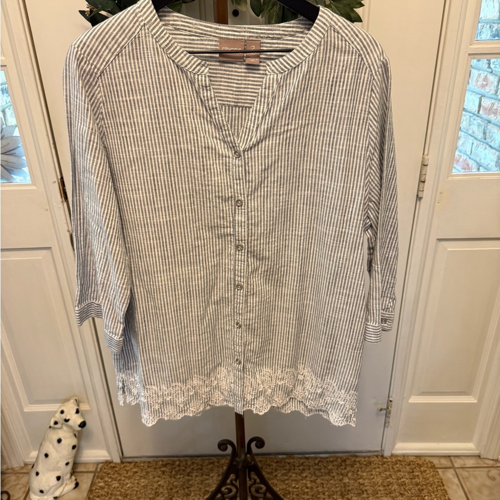 Chicos Minimalist Vertical Stripe Floral Embroidered Button Down Shirt 2 Large